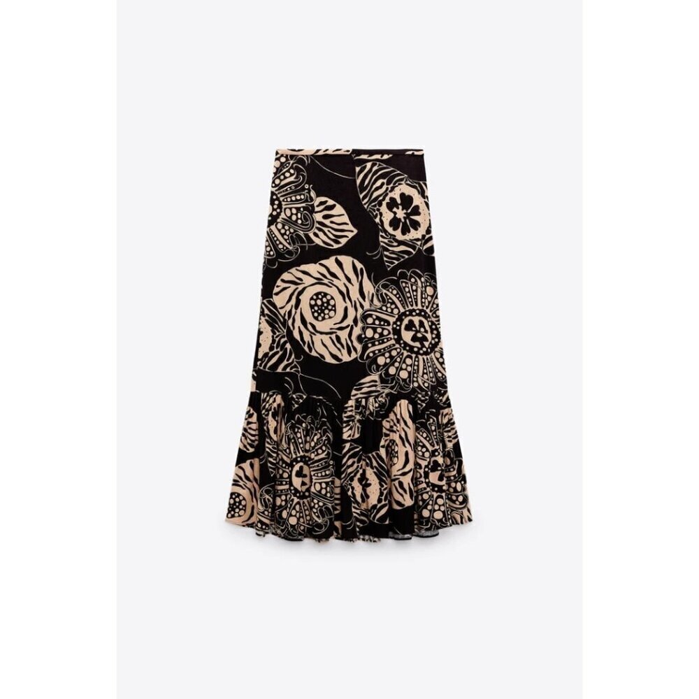 NWOT Zara linen blend botanical print brown & butter tan high waist skirt, XS - Picture 6 of 12